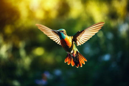 Hummingbird flying in the air with its wings spread. Generative AI.の素材