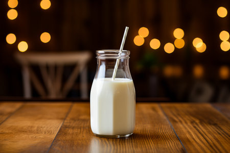 Glass of milk sitting on wooden table with straw in it. Generative AI.の素材