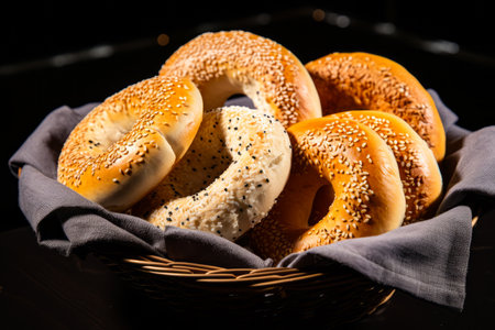 Basket of bagels with sesame seeds on top of table. Generative AI.の素材