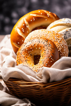 Basket filled with bagels on top of table. Generative AI.の素材