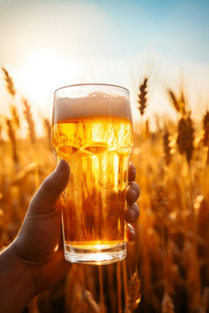 Person holding glass of beer in field of wheat. Generative AI.の素材