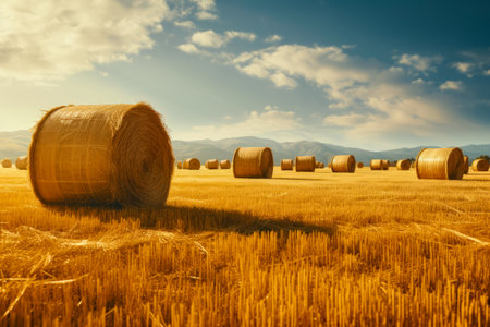 Field of hay with bales of hay in the foreground. Generative AI.の素材