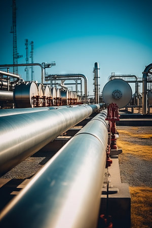 Large group of pipes are lined up on rail. Generative AI.の素材