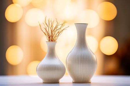 Two white vases with plant in them on table. Generative AI.の素材
