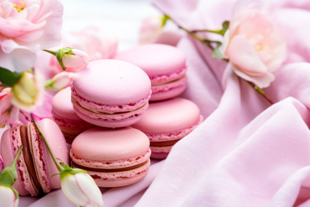 Close up of plate of macaroons with flowers. Generative AI.の素材