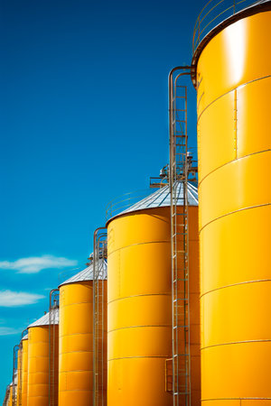 Row of yellow tanks sitting next to each other on field. Generative AI.の素材