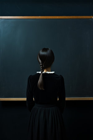 Woman with ponytail standing in front of blackboard. Generative AI.の素材