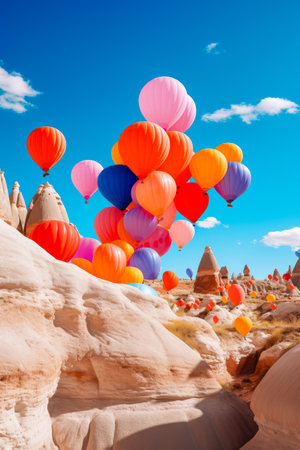 Bunch of balloons are flying in the sky over desert. Generative AI.の素材
