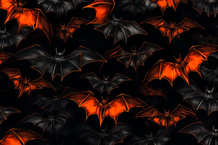 Group of bats with orange and black wings on black background. Generative AI.の素材