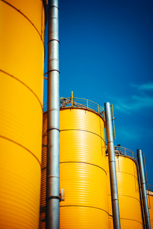 Yellow building with blue sky in the background and few pipes. Generative AI.の素材