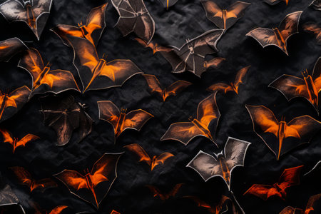 Group of bats flying through the air with orange lights. Generative AI.の素材