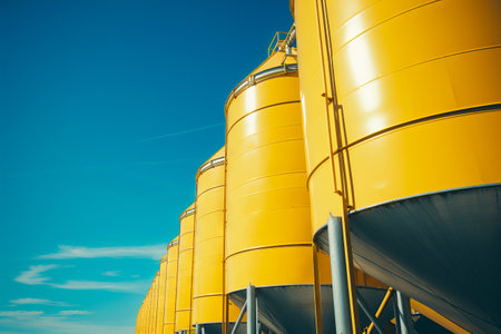 Row of yellow tanks sitting next to each other on field. Generative AI.の素材