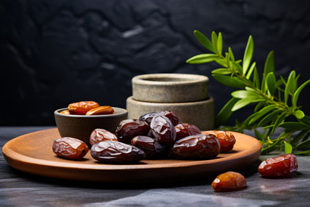 Plate of dates and bowl of dates on table. Generative AI.の素材