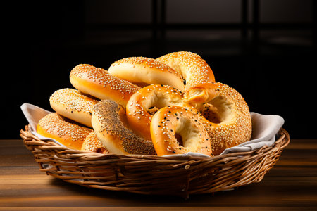 Basket of bagels sitting on table next to bottle. Generative AI.の素材