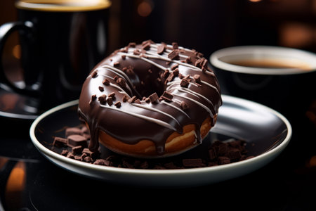 Chocolate covered donut on plate with chocolate chips. Generative AI.の素材