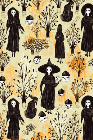 Group of people in black and orange with skulls on them. Generative AI.の素材