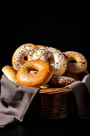 Basket filled with bagels on top of table. Generative AI.の素材