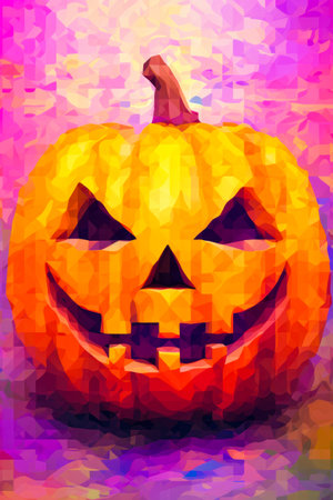 Pumpkin with face made out of triangles on purple background. Generative AI.の素材