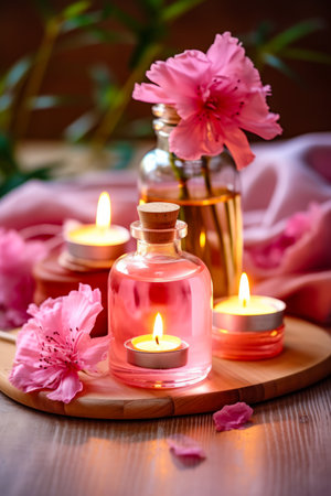 Wooden tray topped with pink flowers and candles next to bottle of oil. Generative AI.の素材