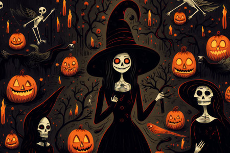 Woman in black dress and hat with skeleton on it. Generative AI.の素材