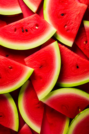 Pile of watermelon slices with green center. Generative AI.の素材