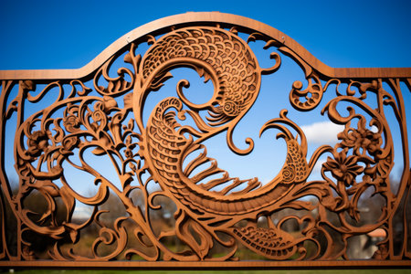 Wooden carving of peacock on fence with blue sky in the background. Generative AI.の素材