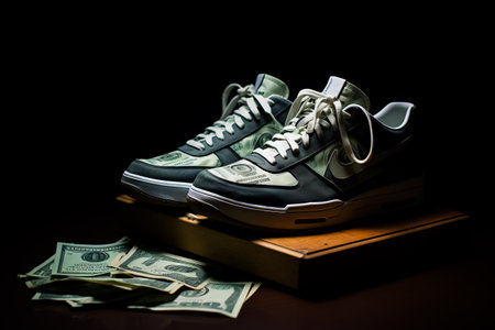 Pair of sneakers sitting on top of pile of money. Generative AI.の素材