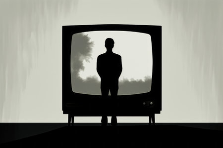Man standing in front of tv with shadow of himself. Generative AI.の素材
