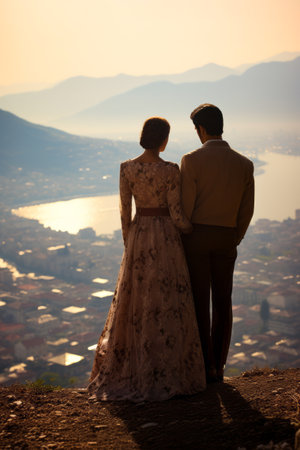 Couple standing on top of the hill looking at the city. Generative AI.の素材