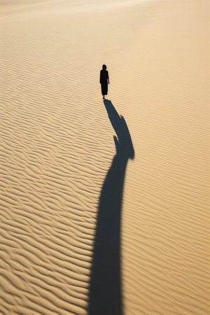 Person standing in the middle of desert with shadow. Generative AI.の素材