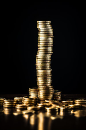 Stack of coins sitting on top of table next to pile of coins. Generative AI.の素材