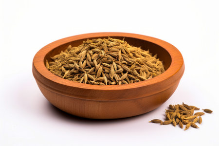 Wooden bowl filled with dry seed next to pile of seeds. Generative AI.の素材