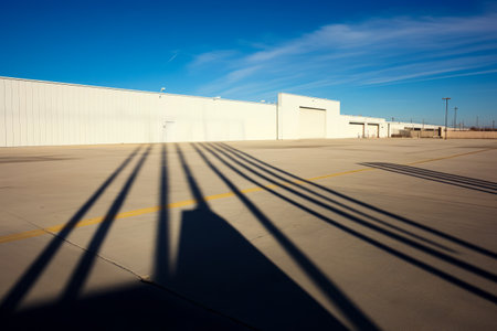 Shadow of plane on runway with building in the background. Generative AI.の素材