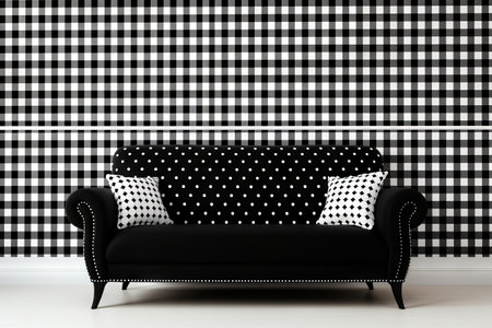 Black and white couch with two pillows on it and checkered wall behind it. Generative AI.の素材
