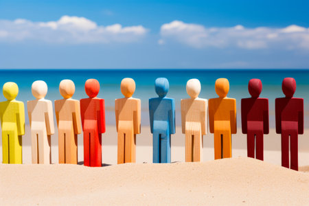 Group of wooden figures standing on the beach next to the ocean. Generative AI.の素材