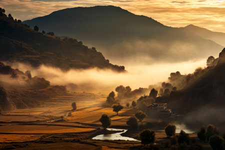 Valley with river and house in the distance. Generative AI.の素材
