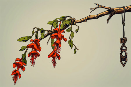 Branch with red flowers and green leaves on it, against gray sky. Generative AI.の素材