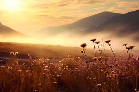 Field of wildflowers with mountain in the background. Generative AI.の素材