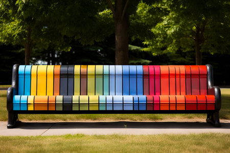 Bench with rainbow colored bench cover on it's side. Generative AI.の素材