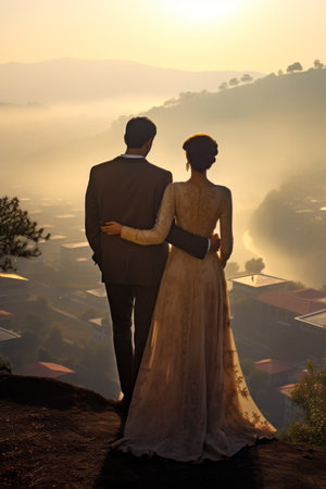 Man and woman standing on top of hill. Generative AI.の素材