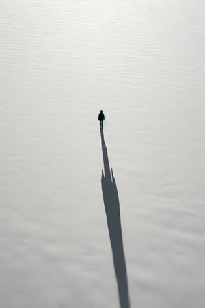 Lone bird standing in the middle of large expansion of snow. Generative AI.の素材