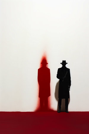 Shadow of man in hat and coat standing in front of white wall. Generative AI.の素材