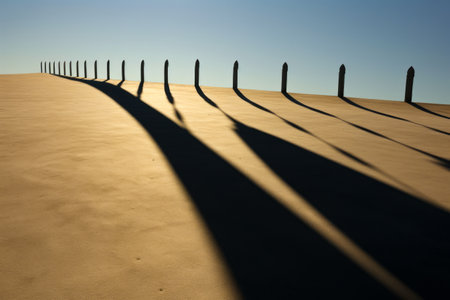 Line of poles casting long shadows on sandy beach. Generative AI.の素材