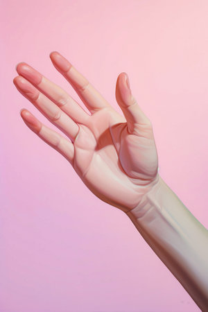 Hand with white glove on it is reaching up. Generative AI.の素材
