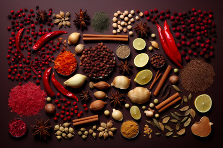 Variety of spices and herbs arranged on table top. Generative AI.の素材