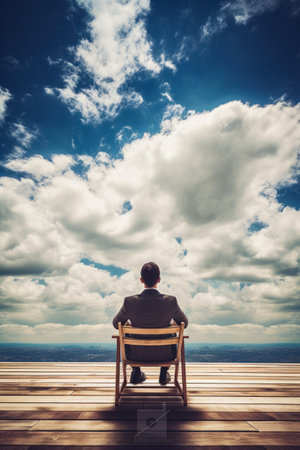 Man sitting in chair looking at the sky with clouds. Generative AI.の素材