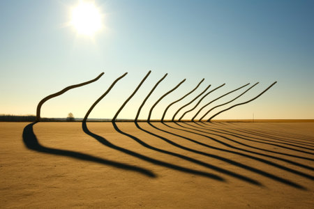 Row of sticks in the sand with the sun in the background. Generative AI.の素材