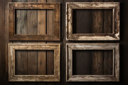 Group of wooden frames hanging on the wall next to each other. Generative AI.の素材