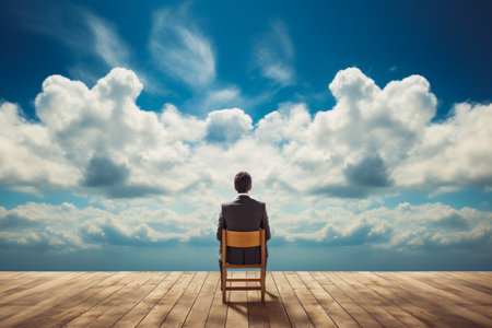 Man sitting in a chair looking up at the sky. Generative AI.の素材