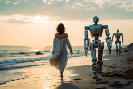 Woman walking on beach next to robot toy. Generative AI.の素材